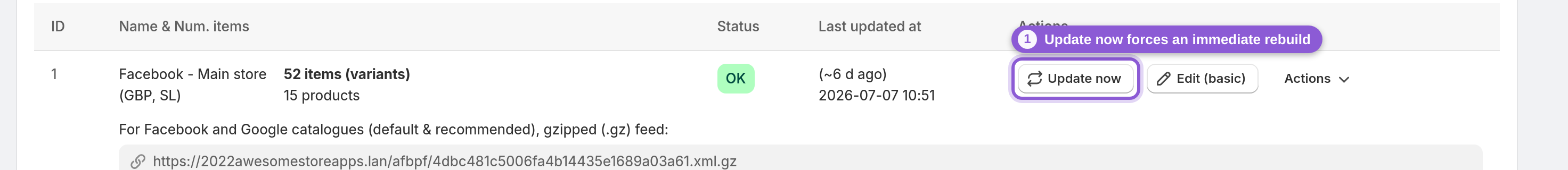 Understand how often feeds regenerate — s-button.product-feed-update highlighted