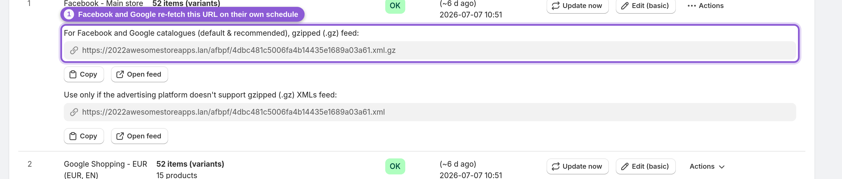 Paused, Inactive, or "Needs attention" — .awsm-feed-url-field highlighted