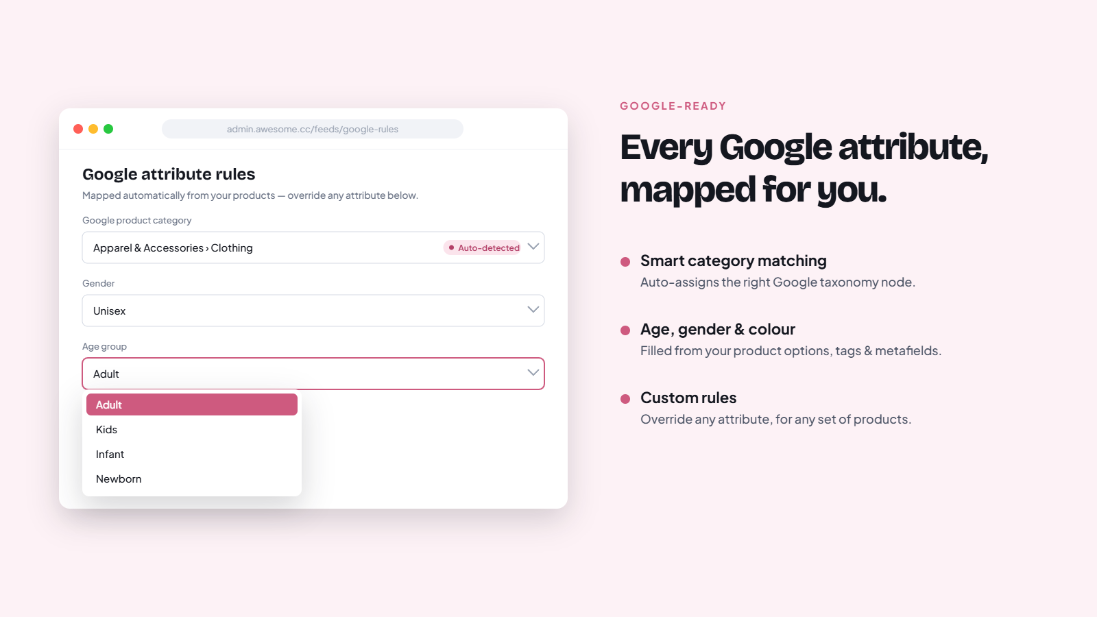 Google product category and attributes mapped automatically in a Shopify feed